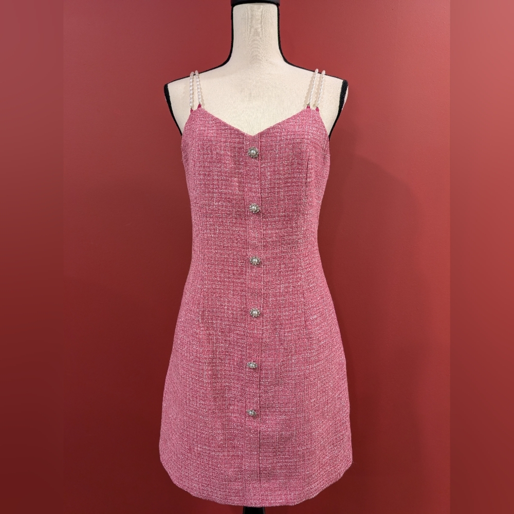 Elegant Pink Tweed Dress with Pearl Straps